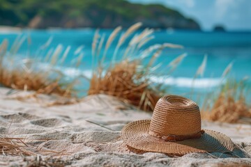 A casual straw hat rests on a sandy beach with a backdrop of seagrass and a glimpse of the...
