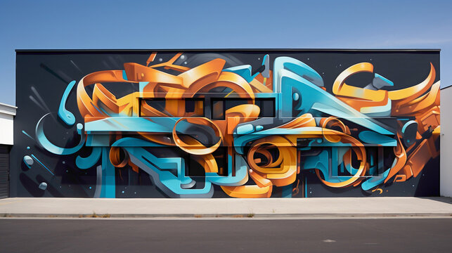 Graffiti-style lettering emerges from a tapestry of abstract shapes, creating a visually striking mural that transforms the urban landscape into an immersive gallery of street art.