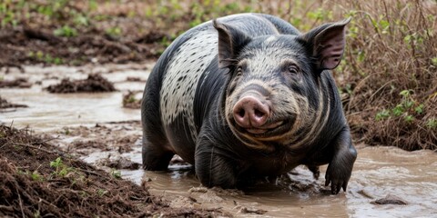   A black and white pig stands in mud next to grass and a body of water covered in mud