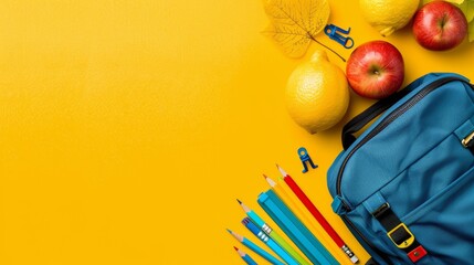 School bag essentials  vibrant banner design featuring stationery supplies on yellow background - obrazy, fototapety, plakaty
