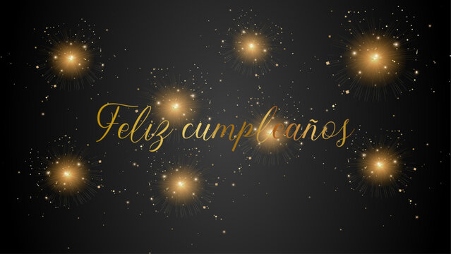 tarjeta o pancarta para desear un feliz cumpleaños en oro sobre fondo negro con estrellas y brillo dorado
