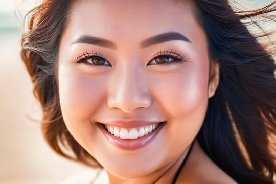Portait of smiling asian curvy woman. AI generated content, non-normative beauty