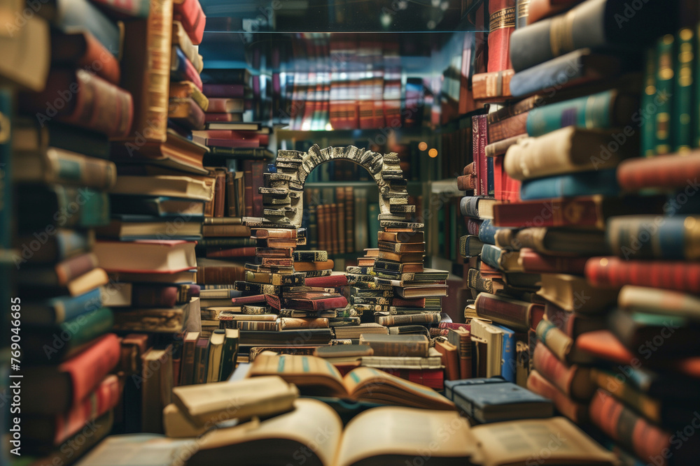 Poster a large bookcase filled with books of various sizes and colors. the books are arranged in rows, with