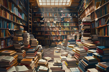 Fototapeta premium A large bookcase filled with books of various sizes and colors. The books are arranged in rows, with some books stacked on top of each other. The bookcase is made of wood and has a warm, inviting feel