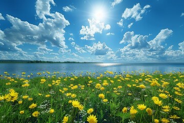 Vibrant field of yellow flowers with a dynamic cloudy sky overhead and a large body of water in the distance - Powered by Adobe