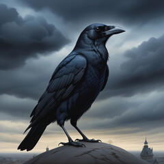 Fototapeta premium Drowing of crow on dark clouds background
