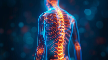 Illustration of back pain, highlighted in blue in the spine area, on a transparent background.
