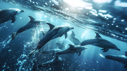 Pod of playful dolphins frolicking in sparkling ocean waves