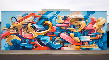 Naklejka premium Graffiti-style lettering takes on a life of its own in a captivating street art mural, where bold strokes and vibrant colors intertwine with abstract shapes to create a visually arresting 