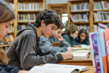 A group of students are sitting at a table in a library, reading books. One of the students is wearing a hoodie