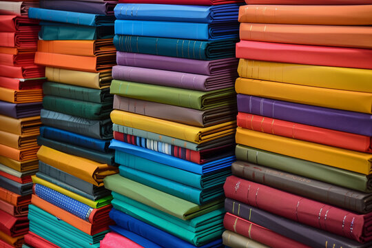 A stack of colorful books with a variety of colors and patterns. The books are piled on top of each other, creating a visually appealing display