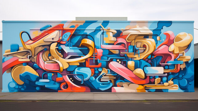 Graffiti-style lettering takes on a life of its own in a captivating street art mural, where bold strokes and vibrant colors intertwine with abstract shapes to create a visually arresting 