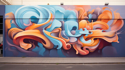 Graffiti-style lettering takes center stage in a mesmerizing street art mural, surrounded by fluid abstract shapes that evoke a sense of motion and vitality, infusing the urban landscape 