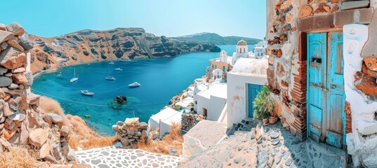 Daytime panorama of santorini island, greece  fira and oia towns overlooking cliffs and beaches - obrazy, fototapety, plakaty