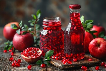 A well-composed display of homemade pomegranate juice and ripe pomegranates with a rustic appeal - Powered by Adobe
