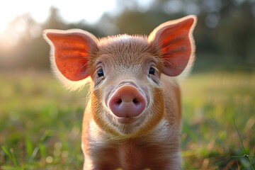 A close-up view of a young piglet with the focus on its adorable big ears and the soft bokeh background