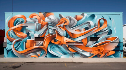 Graffiti-style lettering takes center stage in a mesmerizing street art mural, surrounded by fluid abstract shapes that evoke a sense of motion and vitality, infusing the urban landscape.