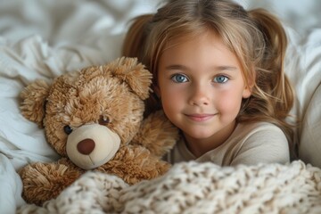 Little girl hugging a teddy bear, lying in bed with a knitted blanket, cozy atmosphere