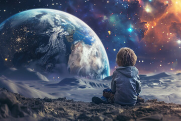 Fototapeta na wymiar Child sitting on a foreign planet gazing at Earth in space