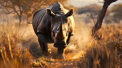 Powerful rhinoceros charging through dense African brush
