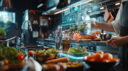 In the realm of gastronomy, a chef's hand manipulates holographic images of ingredients, recipes, and culinary techniques, AI generated