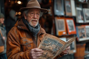 An elderly man with a beard and glasses reading a newspaper outdoors