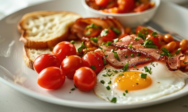 Classic English breakfast on white plate - A sunny-side up egg, crispy bacon, tomatoes, and toast create a traditional English breakfast plate, fresh and appetizing