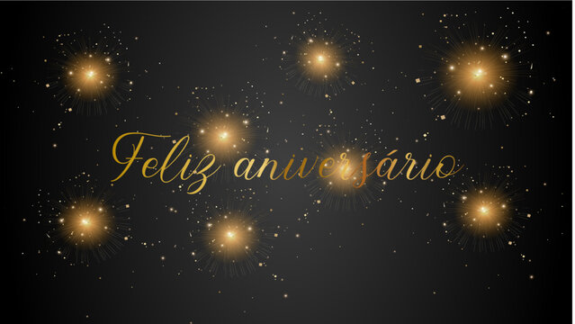 cartão ou banner para desejar feliz aniversário em ouro sobre fundo preto com estrelas e glitter dourado
