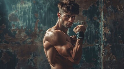 Fototapeta na wymiar Muscular man posing with hand gesture - A shredded bodybuilder posing confidently with a hand gesture indicating power and strength in a grungy gym atmosphere