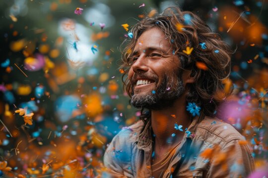 Joyful man engulfed in autumnal leaves and butterflies, capturing a sense of freedom and happiness with nature