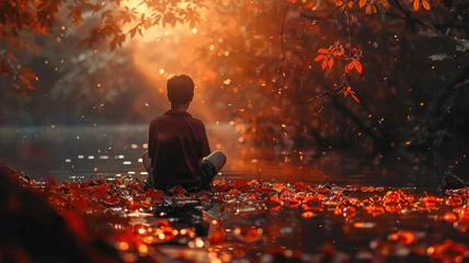 Foto op Canvas Person sitting by water at sunset - A tranquil scene featuring an individual in solitude, contemplating by a lakeside, during a vibrant sunset with autumn leaves © Tida