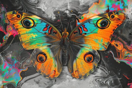 Vibrant butterfly on abstract background - A colorful butterfly with patterned wings set against a vivid abstract backdrop