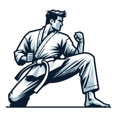 Man taekwondo athlete full body vector illustration, male taekwondo martial art player, kicking attack technique, fight sport. design template isolated on white background