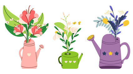 Flat vector illustration of a watering can with flowers. Floral illustration. Spring and summer illustration. Garden, vegetable garden. © Анастасия