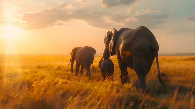 Regal elephant family trekking across African savannah
