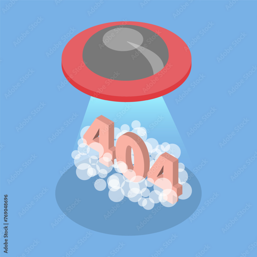 Poster 3d isometric flat vector illustration of 404 error, composition with alien spaceship