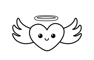 Flying heart with rings and nimbus coloring book. Black and white heart. Vector