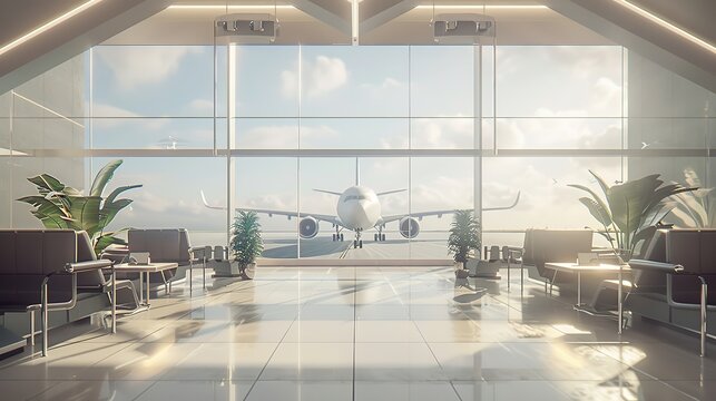 Empty airport terminal lounge with airplane on background