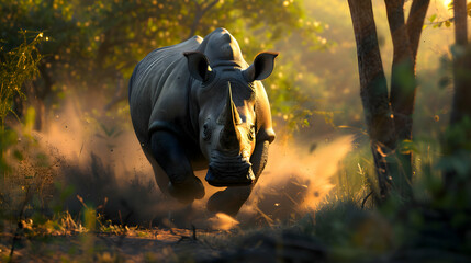 Rhinoceros charging through the dense African bush
