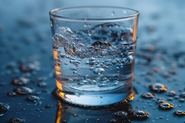 Close-up of clean water splash in a half full glass with droplets on a dark reflective surface