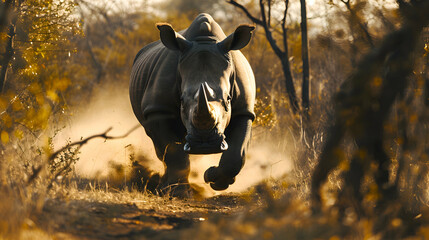 Rhinoceros charging through the dense African bush - obrazy, fototapety, plakaty