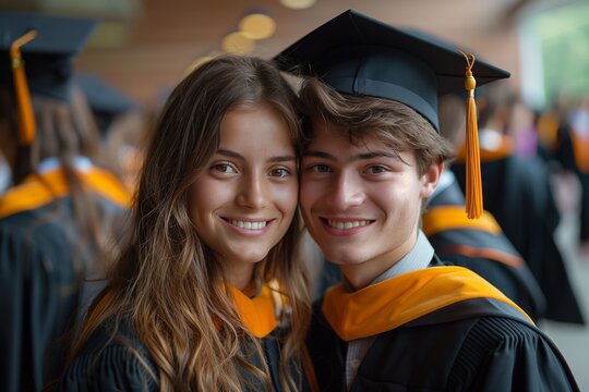 college graduates joyfully face the camera, celebrating their achievements with radiant smiles