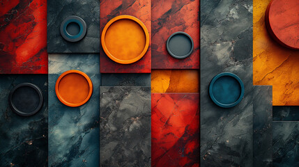 Abstract background consisting of colorful triangles, rings and squares, red marble, AI generated