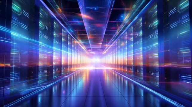 Futuristic Neon-Lit Data Center Corridor Symbolizing Advanced Technology