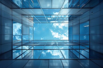 Stunning upward view of a skyscraper's geometric glass facade mirroring the vibrant blue sky and clouds, symbolizing innovation and growth