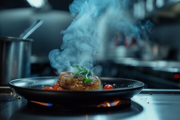 the gourmet dish being prepared in a high-end restaurant kitchen, the dish prepared in the...