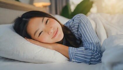 Beautiful young woman wearing pajamas lying asleep relaxing in cozy white bed on soft pillow resting covered blanket enjoying healthy sleep, good night sweet dreams, new day, weekend, holidays concept