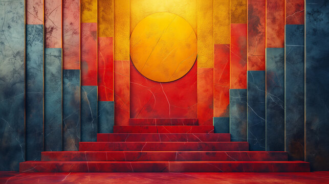 Abstract background consisting of colorful triangles, rings and squares, red marble, AI generated