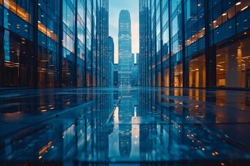 Image captures the mesmerizing symmetry and reflections of contemporary urban architecture against...