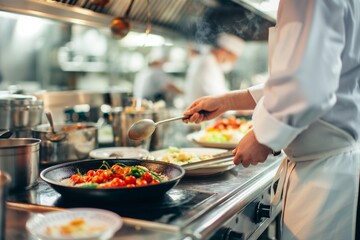 the gourmet dish being prepared in a high-end restaurant kitchen, the dish prepared in the restaurant, the chef preparing a dish in the kitchen closeup, the kitchen with food closeup, chef in kitchen